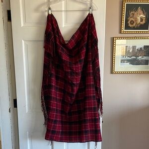 Vintage Tartan Plaid Red and Black Shawl with Fringe